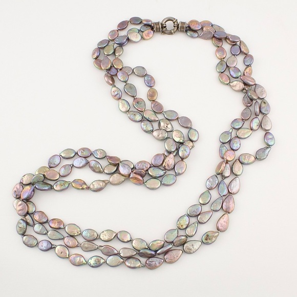 Vintage Coin Pearl Necklace Knotted Triple Strand Iridescent Purple 34” Long - Picture 3 of 6